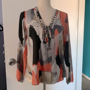 Alfani Orange, Black & Gray Grommeted V-neck Long Sleeve Blouse
